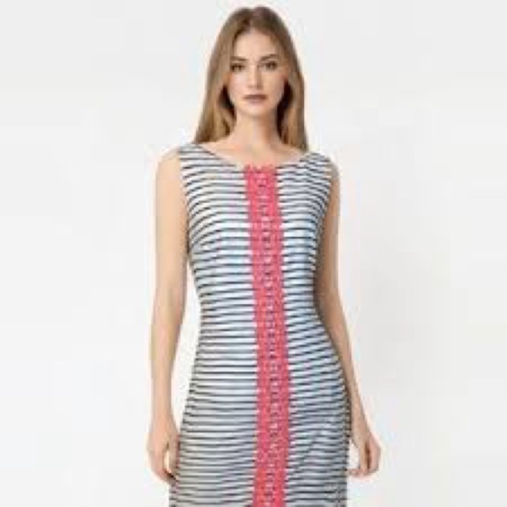 Jessica H Sleeveless Blue White Stripe Dress Crochet Lace Size 6 Preppy